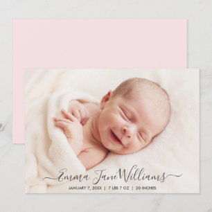 Cute Soft Pink Birth Announcement Photo Card