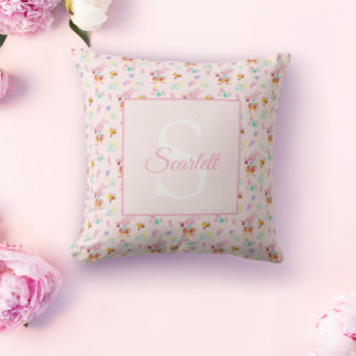 Cute soft pink bunny garden pattern Monogram Name Cushion