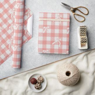 Cute Soft Pink Chequerboard & Bows  Wrapping Paper