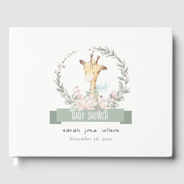 Cute Soft Safari Giraffe Floral Wreath Baby Shower Guest Book (Front)