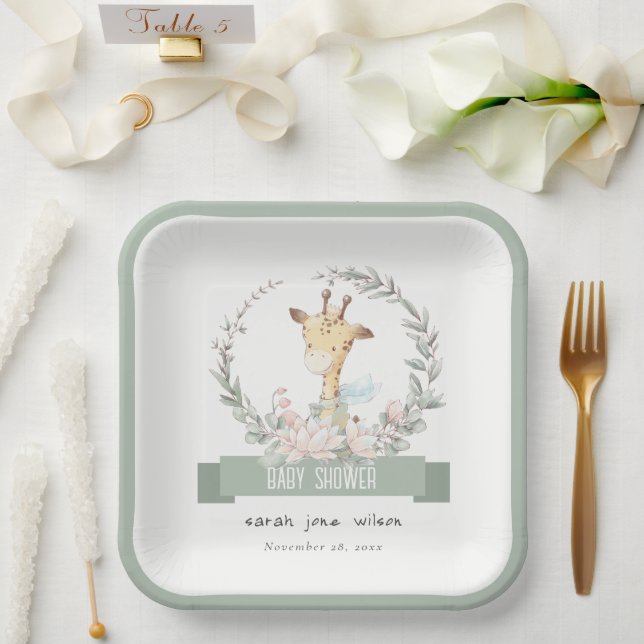 Cute Soft Safari Giraffe Floral Wreath Baby Shower Paper Plate (Wedding)