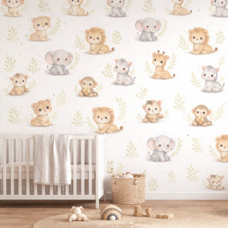 Cute Soft Watercolor Safari Animals Baby Room Wallpaper