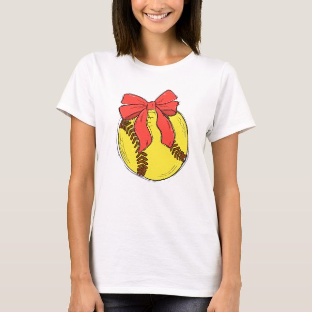 Cute Softball with Red Bow Coquette Design T-Shirt (Front)