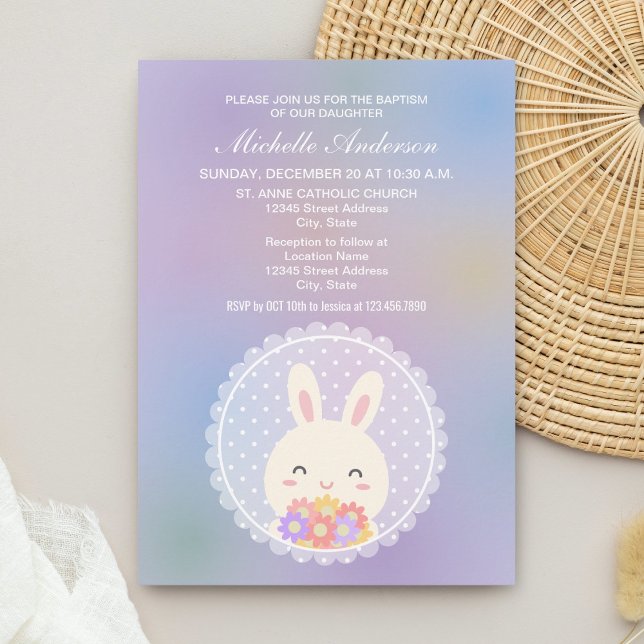 Cute Some Bunny & Flowers Baby Christening Baptism Invitation (Creator Uploaded)