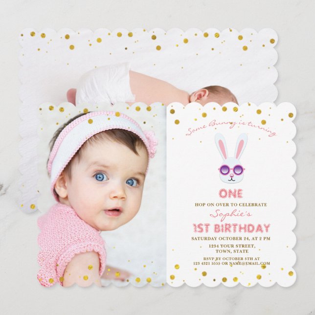 Cute Some Bunny Girl Photo 1ST Birthday Invitation (Front/Back)