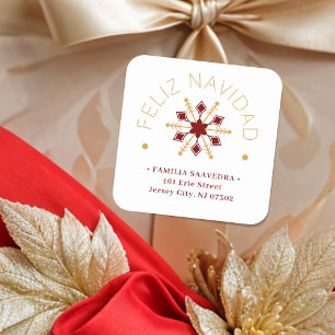 Cute Sophisticated Gold & Red Snowflake Christmas  Square Sticker