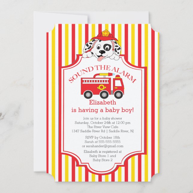 Cute Sound The Alarm Firetruck Baby Shower Invite (Front)