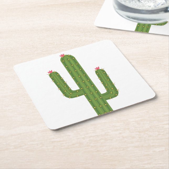 Cute Southwestern Wedding Pink Flower Green Cactus Square Paper Coaster (Angled)