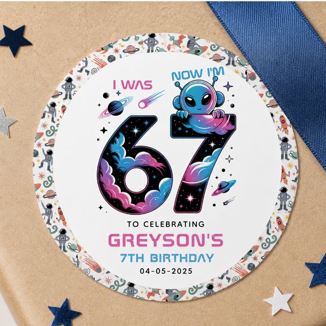 Cute Space 7th Birthday | Six & Seven Year Old Classic Round Sticker (Cute Space 7th Birthday | Six & Seven Year Old Classic Round Sticker)