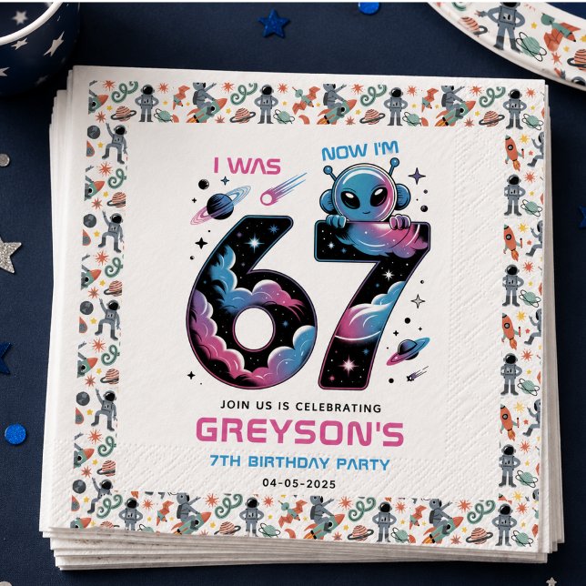 Cute Space 7th Birthday | Six & Seven Year Old Napkin (Cute Space 7th Birthday | Six & Seven Year Old Napkins)