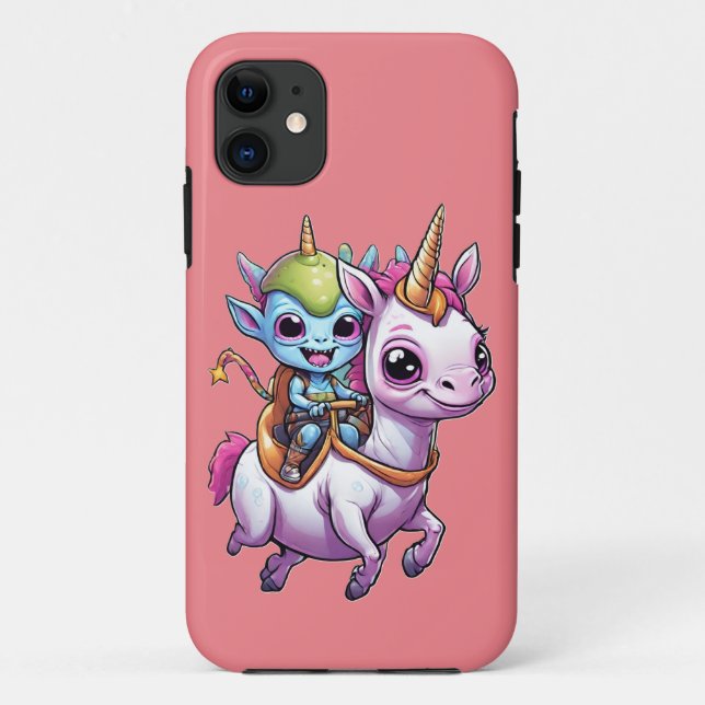 Cute Space Alien riding unicorn funny UFO  Case-Mate iPhone Case (Back)