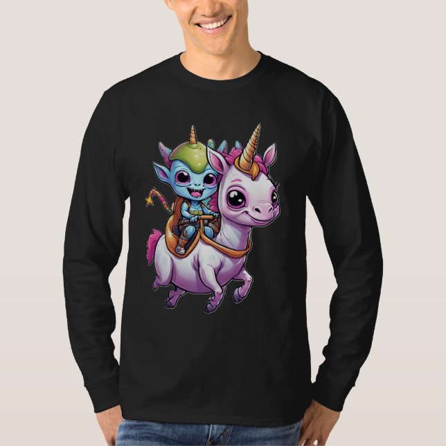 Cute Space Alien riding unicorn funny UFO  T-Shirt (Front)