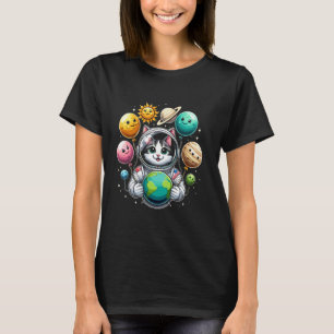 Cute Space Astronaut Cat Planet Balloons Solar Sys T-Shirt