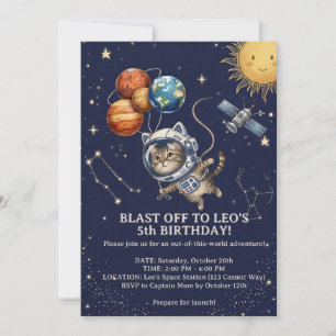 Cute Space Cat Astronaut Birthday Invitation