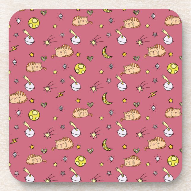 Cute Space Cat Pattern – Adorable Cosmic Kitty Coaster (Front)