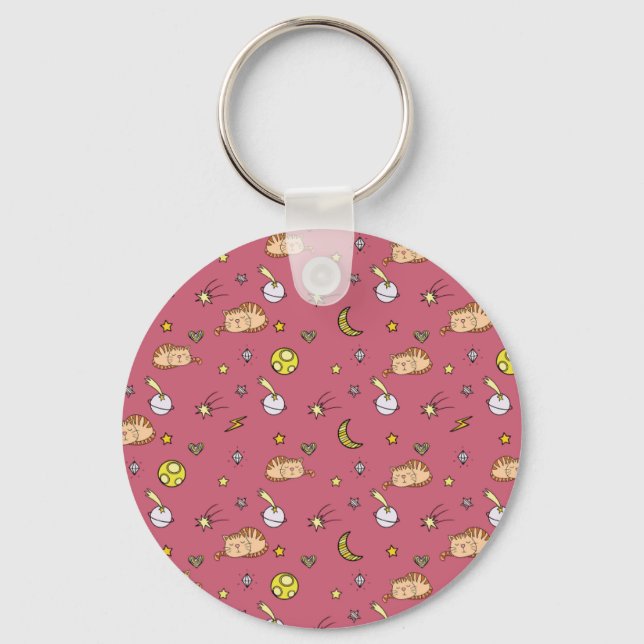 Cute Space Cat Pattern – Adorable Cosmic Kitty Key Ring (Front)