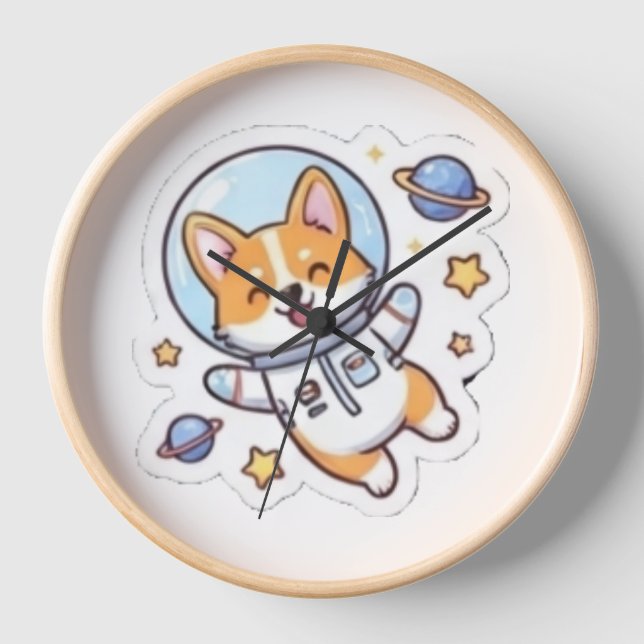 Cute Space Corgi Astronaut Wall Clock | Funny Dog  (Front)