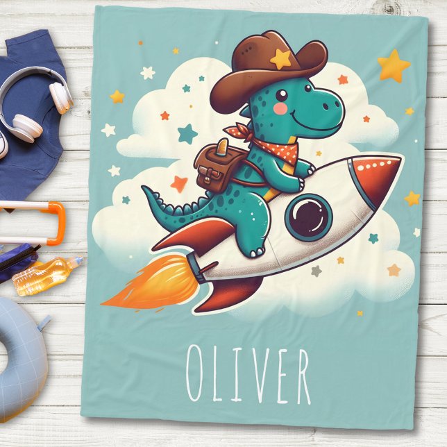 Cute Space Cowboy Dinosaur Riding Rocket  Fleece Blanket (Creator Uploaded)