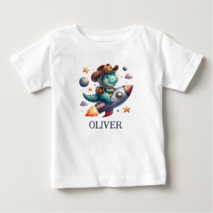 Cute Space Cowboy Dinosaur Riding Space Rocket Baby T-Shirt