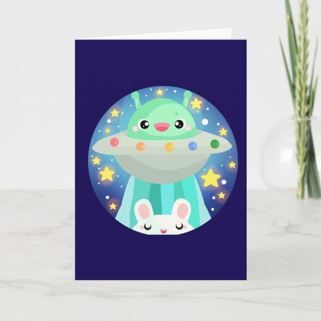Cute Space Creature And Bunny Rabbit Card (Front)
