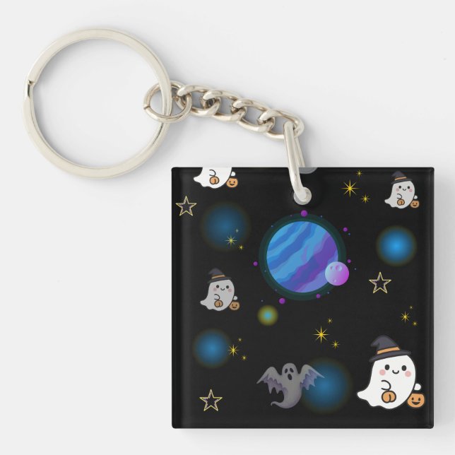 Cute Space Ghost Floating in Galaxy Acrylic Keycha Key Ring (Front)