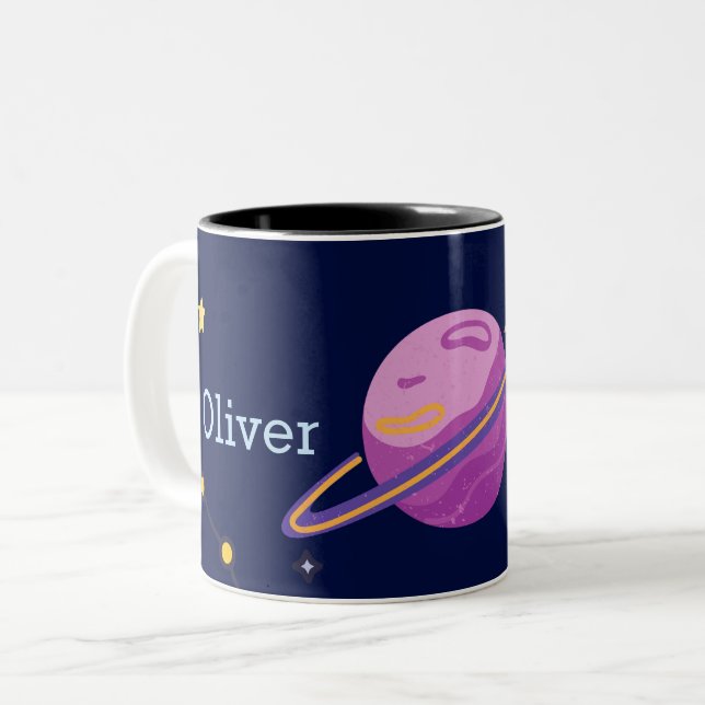 Cute Space Outer Solar System Personalised Name Two-Tone Coffee Mug (Front Left)