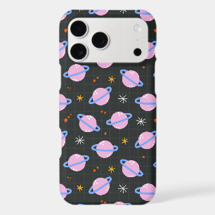 Cute Space Planets & Stars Grid Black Pattern