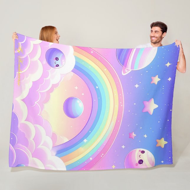 Cute Space Rainbow Design – Kawaii Planets & Stars Fleece Blanket (In Situ)