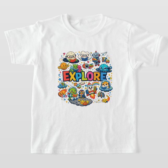 Cute Space & Reading "EXPLORE" Back to school Kids T-Shirt (Laydown)