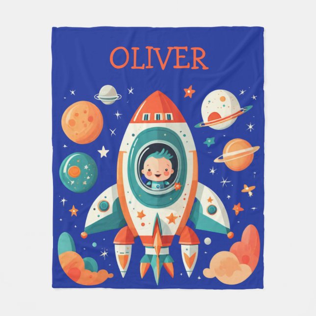 Cute Space Rocket and Astronaut Personalised Fleece Blanket (Front)