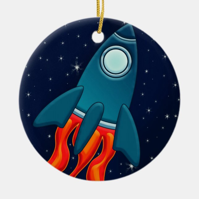 Cute Space Rocket and Outer Space Design Ceramic Tree Decoration (Front)
