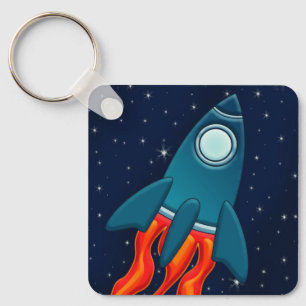 Cute Space Rocket and Outer Space Design Key Ring