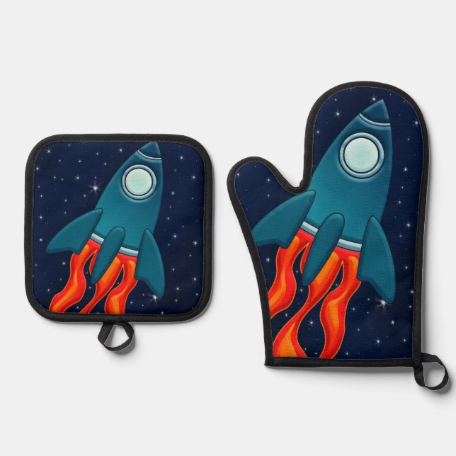 Cute Space Rocket and Outer Space Design Oven Mitt & Pot Holder Set (Front)