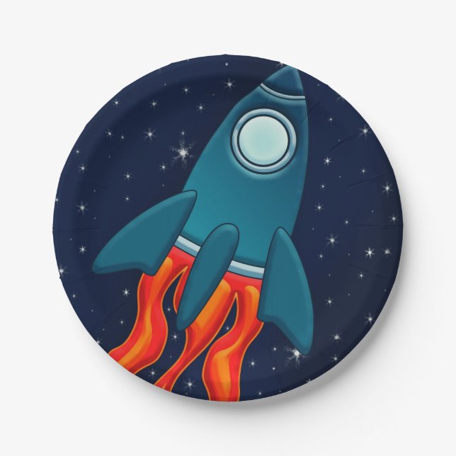 Cute Space Rocket and Outer Space Design Paper Plate (Front)