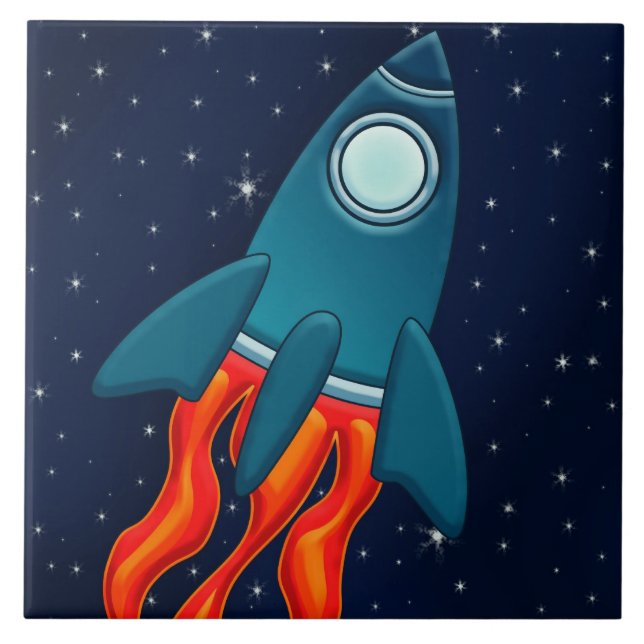 Cute Space Rocket and Outer Space Design Tile (Front)