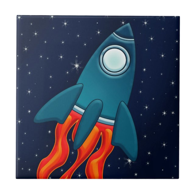 Cute Space Rocket and Outer Space Design Tile (Front)