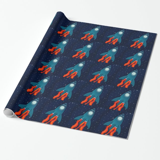 Cute Space Rocket and Outer Space Design Wrapping Paper (Unrolled)