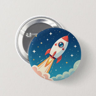 Cute space rocket blasting off 6 cm round badge