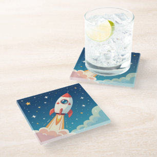 Cute space rocket blasting off glass coaster