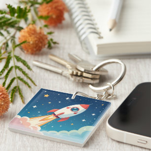 Cute space rocket blasting off key ring