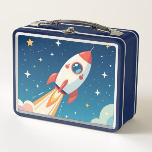 Cute space rocket blasting off metal lunch box