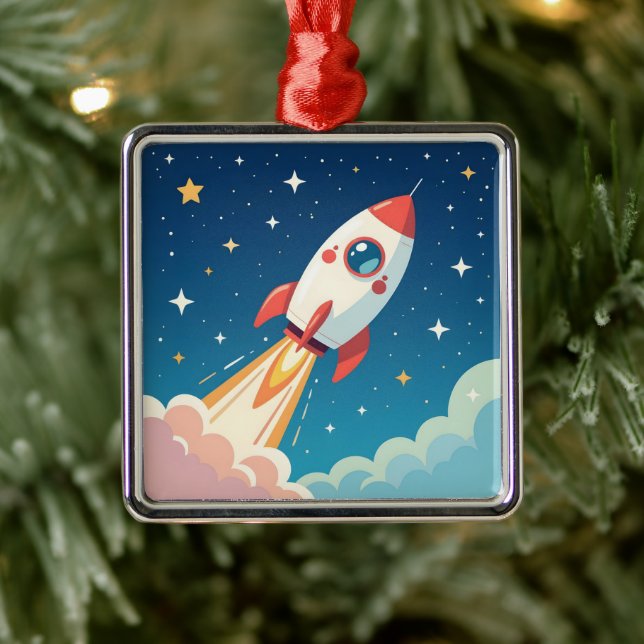 Cute space rocket blasting off metal tree decoration (Tree)