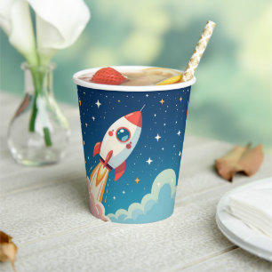 Cute space rocket blasting off paper cups