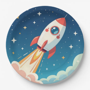 Cute space rocket blasting off paper plate