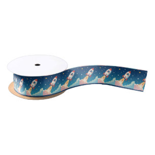 Cute space rocket blasting off satin ribbon