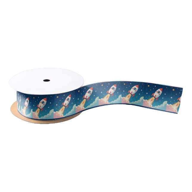 Cute space rocket blasting off satin ribbon (Spool)