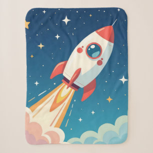 Cute space rocket blasting off sherpa blanket