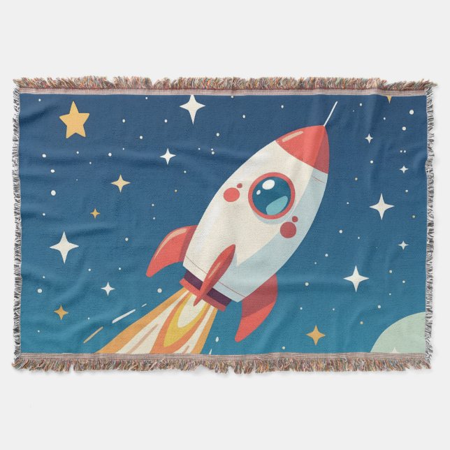 Cute space rocket blasting off throw blanket (Front)