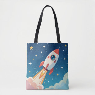 Cute space rocket blasting off tote bag