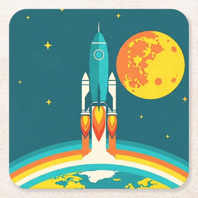 Cute Space Rocket Cartoon Square Paper Coaster (Front)